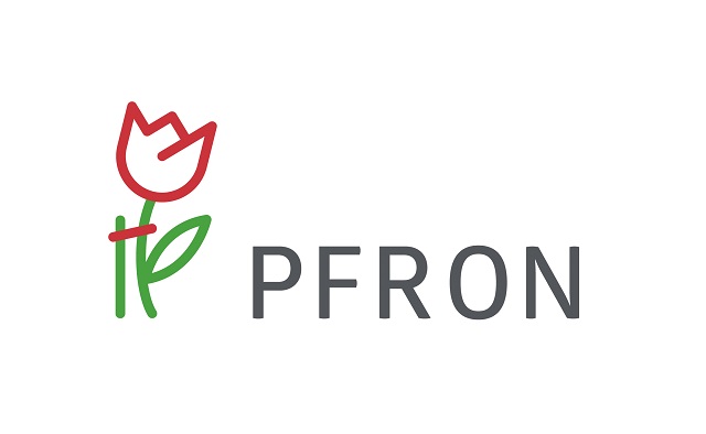 Logo PFRON obrazek kwiatka i napis PFRON drukowanymi literami