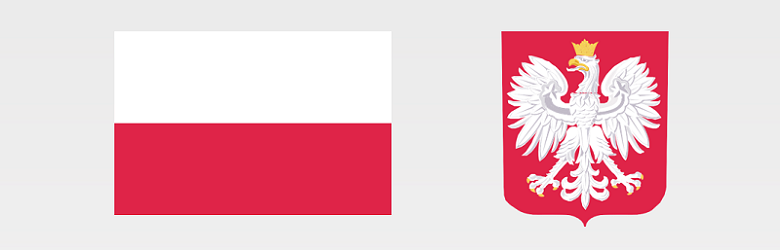 Obrazek przedstawiający flagę Polski oraz Godło Polski na szarym tle