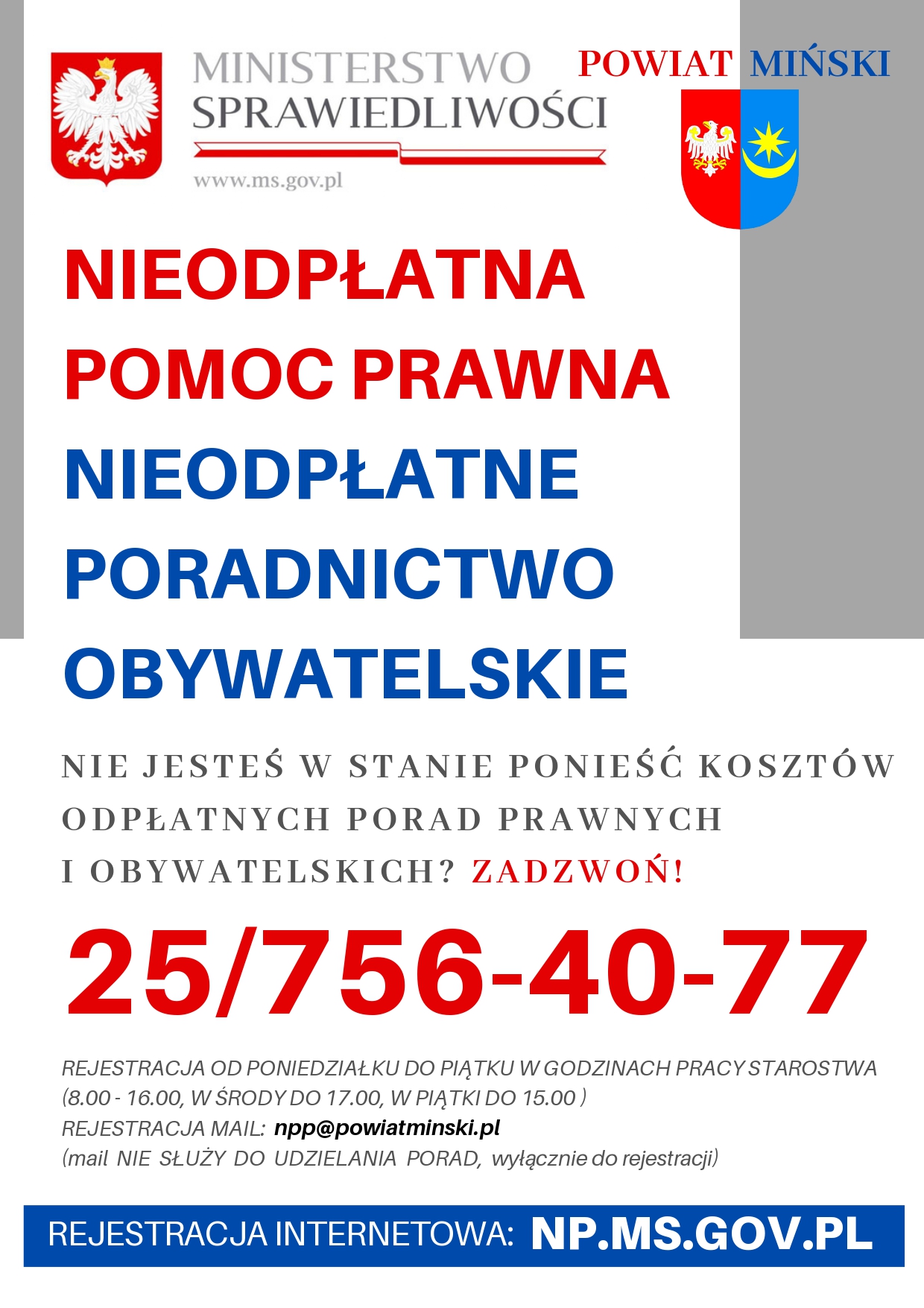 Obrazek przedstawia informacje o numerze telefonu do rejestracji na porady prawne 25 756 40 77