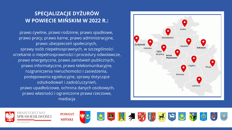 Obrazek poglądowy z mapą powiatu i zaznaczonymi punktami bezpłatnych porad obywatelskich i prawnych