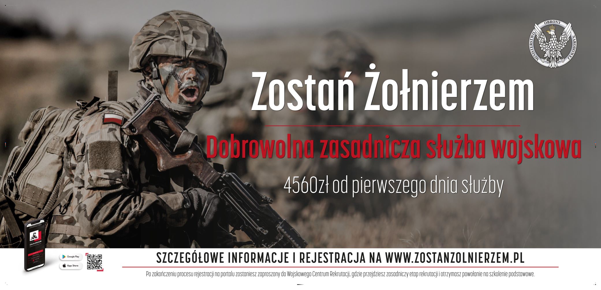 Baner zachęcający do odbycia dobrowolnej zasadniczej służby wojskowej, żołnierz w umundurowaniu na manewrach, tekst promocyjny