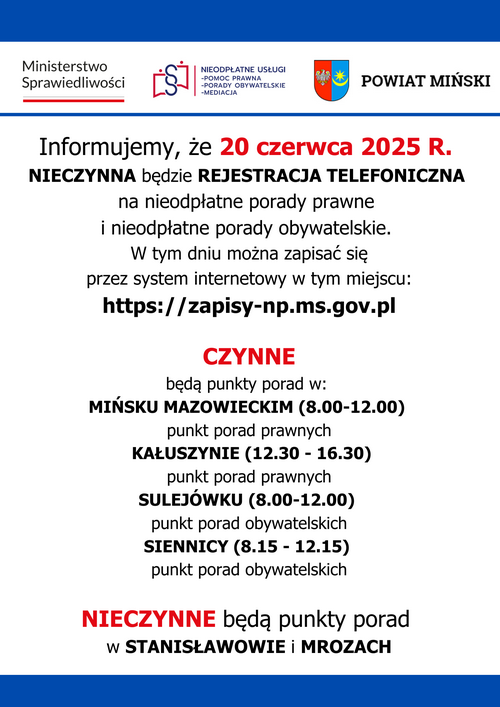 Zdjęcie artykułu Dot. pracy punktów nieodpłatnych porad prawnych i obywatelskich w dniu 20 czerwca 2025 r. (piątek po Bożym Ciele)